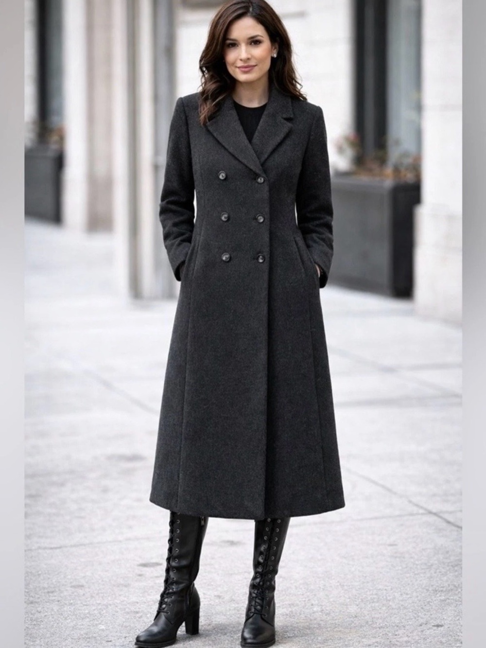 Long Wool Double-Breasted Women's Coat in Dark Gray - Picture 2 of 11